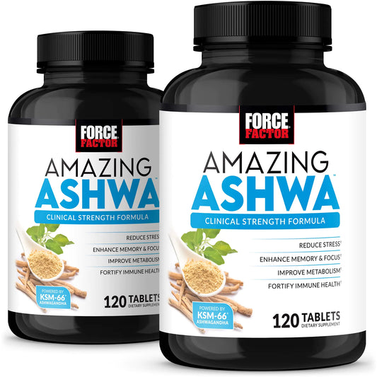 FORCE FACTOR Amazing Ashwa for Stress Relief 2-Pack Memory Focus Immune Health and Metabolism Ashwaganda Supplement with KSM-66 Ashwagandha for Stress 240 Tablets White Packaging